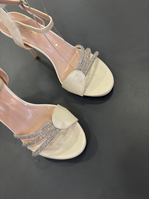 Women Ankle Strap Rhinestone Decor Open Toe Stilettos
